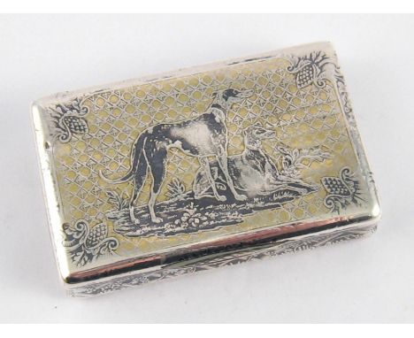 A 19th. century French silver, 950 standard, snuff box with recurved sides and niello decoration, the lid with scene of two h