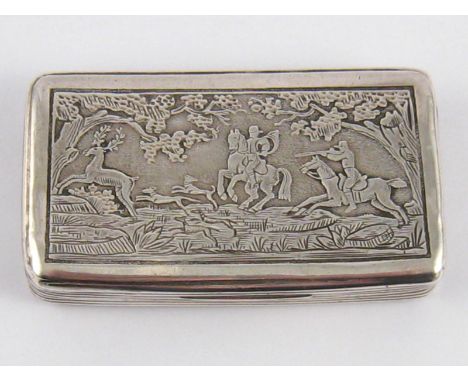 A 19th. century French silver, 950 standard snuff box with reeded sides, a stag hunt on the lid,. 7x4cm. wt. 50gm. 