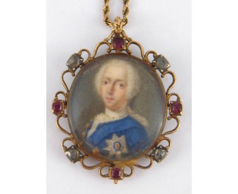 A Georgian portrait miniature in a contemporary diamond and gem set gold frame, displaying a cabochon agate verso, miniature 
