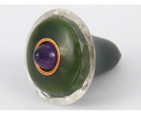 A Russian nephrite pendant bell push with amethyst button. 4.2cm. diameter x5.5cm. high. 