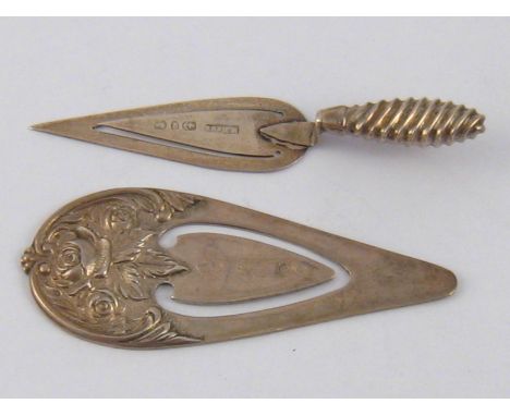 Two silver bookmarks, a trowel, Birmingham 1890, and an American rose decorated example, S.Kirk &Son, sterling. 