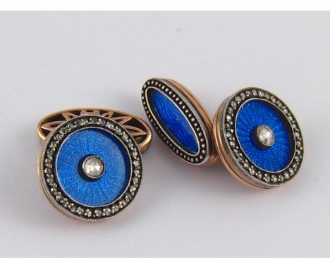 A pair of gold, rose cut diamond and blue enamel cufflinks, bearing Russian hallmarks for 56 standard gold (approx 14 carat),