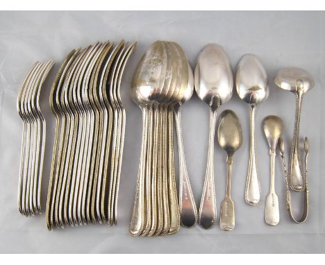 A quantity of silver plated Old English bead flatware, comprising sixteen table forks, eight table spoons, six dessert forks,