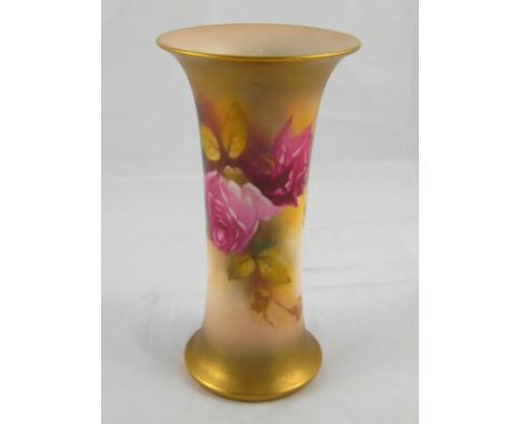 A Worcester porcelain blush ivory cylindrical vase with everted base and rim, the painting of  roses signed E.Spilsbury, gree