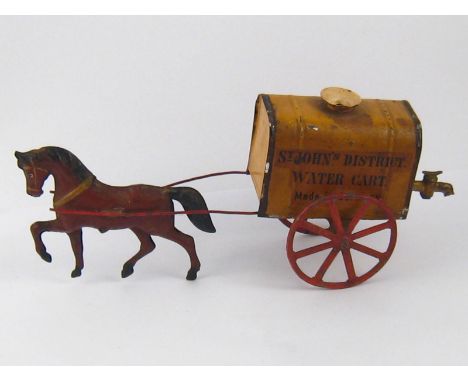 A vintage German tinplate push along horse and water cart. 