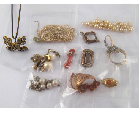 A mixed lot including a pair of lady's coral cufflinks, an antique locket back pendant, untested pearls, a white metal (tests