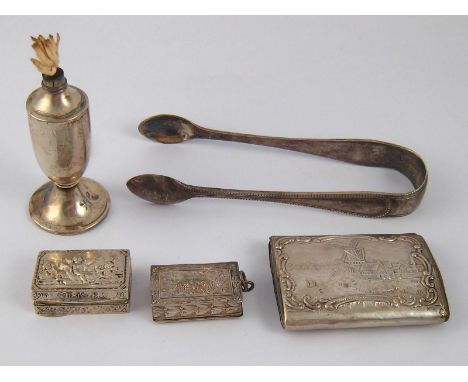 A silver table cigar lighter, Birmingham 1887, two Continental vinaigrettes, no grilles, one import Chester 1902, one unmarke