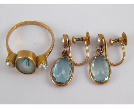 A mixed lot comprising a pair of aquamarine and seed pearl drop earrings, marked 9ct, drop approx 2cm, together with a matche