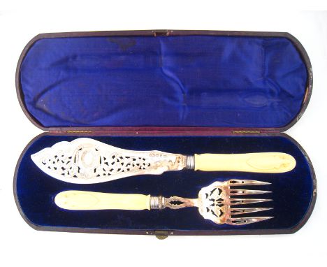 A pair of Victorian silver and ivory fish servers in original case, Harrison Bros. & Howson, Sheffield, 1875. 