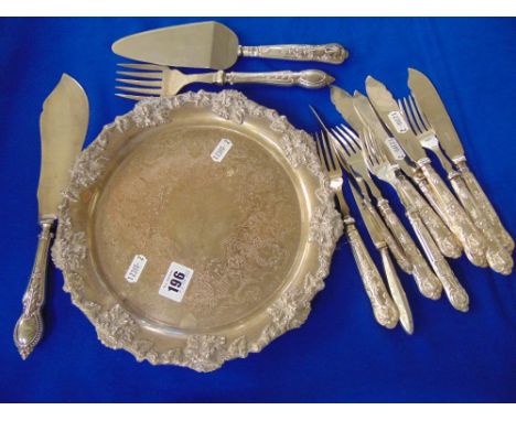 A qty of flatware inc. Silver handled knives and a Salver