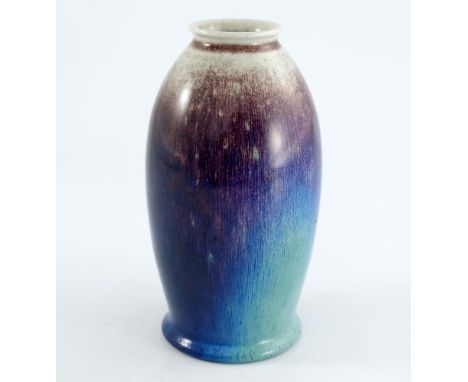 Ruskin Pottery, a High Fired vase, 1906, slender ovoid and footed form, bands of cream, ox blood and electric blue flambe gla