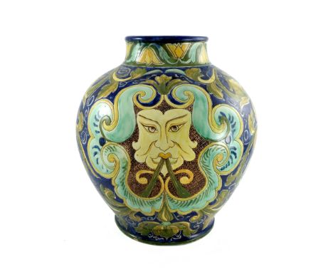 Cassandra Annie Walker for Della Robbia, a large art pottery vase, 1897, ovoid shouldered form, sgraffito decorated with a ce