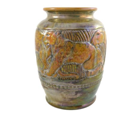 Richard Joyce for Pilkington, a Royal Lancastrian relief moulded lustre vase, 1926, shouldered form, modelled with a band of 