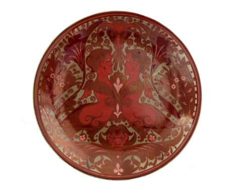 Charles Passenger for William De Morgan, a red lustre charger or dish, circa 1890, painted with Harpy motifs in the Mannerist