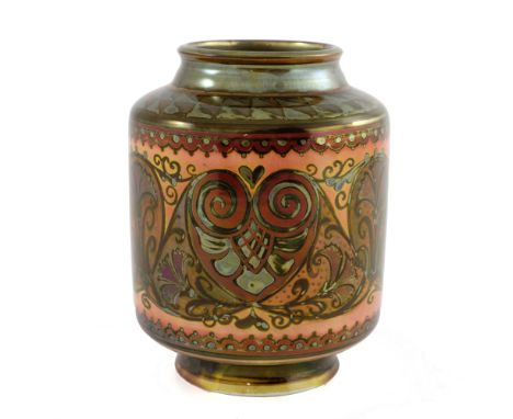 William S Mycock for Pilkington, a Royal Lancastrian lustre vase, 1920, footed and shouldered cylindrical drum form, painted 