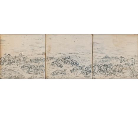 Hannah Barlow for Doulton Lambeth, a stoneware three tile panel, sgraffito decorated with a hunting scene of horses, dogs and