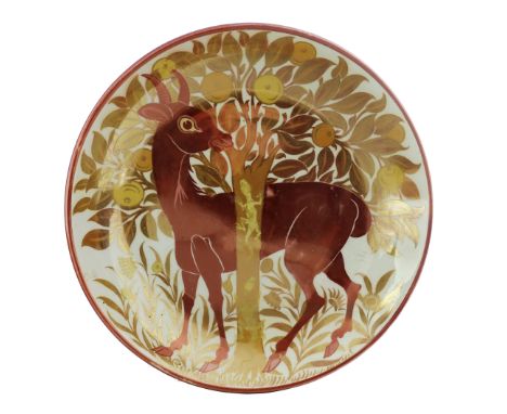 Charles Passenger for William De Morgan, a double lustre Antelope and Fruiting Tree with Lizards dish, circa 1890, painted wi