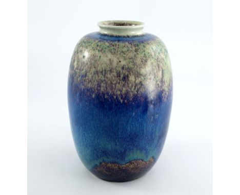 Ruskin Pottery, a High Fired vase, 1913, ovoid shouldered form, electric blue and purple bands over green speckled cream flam