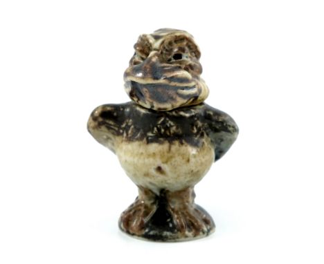Robert Wallace Martin for Martin Brothers, a miniature stoneware sculptural bird jar or scent bottle, 1896, modelled as a cha