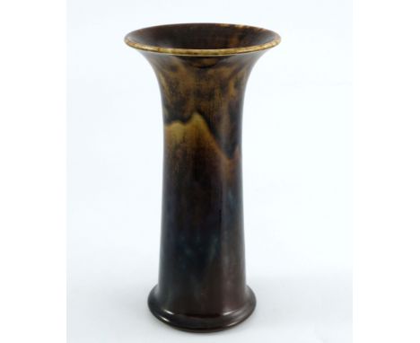 Ruskin Pottery, a High Fired vase, 1910, flared cylindrical form, brown treacle and petrol glazed, impressed marks, 27cm high