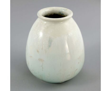 Ruskin Pottery, a Crystalline vase, 1932, conical bulbous or gourd form, white hare's fur streaks with speckled crystal spott