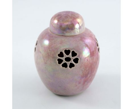 Ruskin Pottery, a small Lustre reticulated ginger jar and cover, 1927, ovoid form, pierced with heart petal rosettes, pink mo