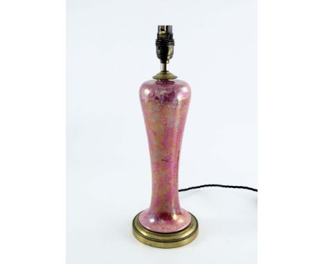 Ruskin Pottery, a Lustre Souffle lamp base, 1923, slender Meiping form with metal mounts, crushed pink strawberry glaze, impr