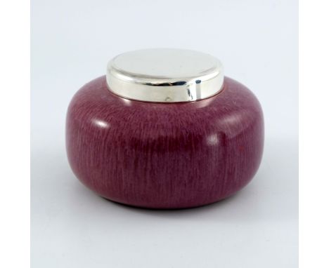 Ruskin Pottery, a Hare's Fur Souffle jar, 1908, squat cushioned ovoid form with later silver lid, pink crushed strawberry gla