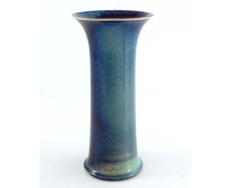 Ruskin Pottery, High Fired Lily vase, 1905, flared cylindrical form, blue and purple over ox blood flambe glaze, impressed ma