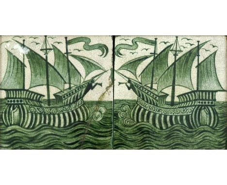 William De Morgan, a pair of Galleon tiles, circa 1885, green painted ships in sail, each tile 15cm square, framed as one