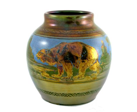 Richard Joyce for Pilkington, a Royal Lancastrian lustre vase, circa 1920, shouldered ovoid form, painted with a band of pola