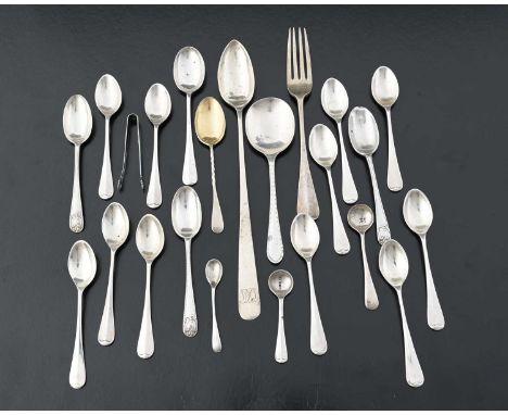 A group of hallmarked silver flatware, to include teaspoons, a preserve spoon, and an entree fork, twentieth-century and late