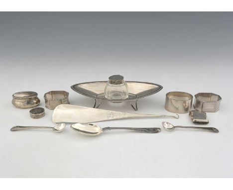 A group of hallmarked silver, to include a silver ink stand, James Dixon &amp; Sons, Sheffield 1914, length 18.9cm, together 