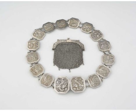 China, a late nineteenth or early twentieth-century Chinese silver belt, each panel decorated with traditional scenes, on a s