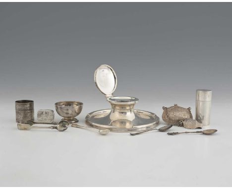 A group of twentieth-century silver, to include a purse with belt clip, decorated in relief with a traditional scene, with Br