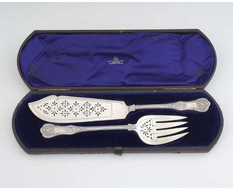 A cased pair of Victorian silver fish servers, comprising fork and knife, each engraved with an armorial crest, Francis Higgi