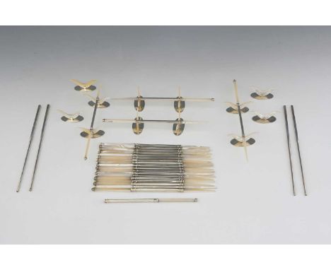 Eleven pairs of mother-of-pearl mounted chopsticks, together with twelve stands, each marked '925', length (of chopstick) 23c
