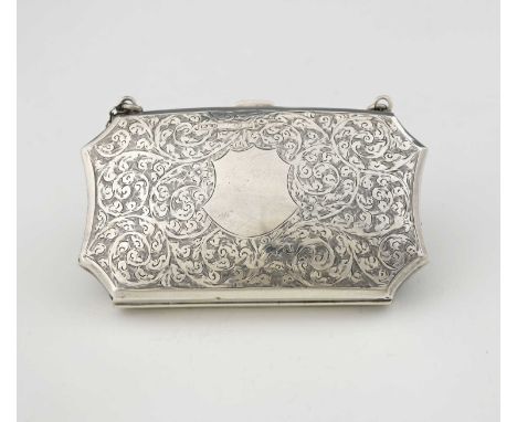 A George V silver purse, of shaped rectangular form, the exterior decorated with foliate scrolls, suspensory chain, and finge