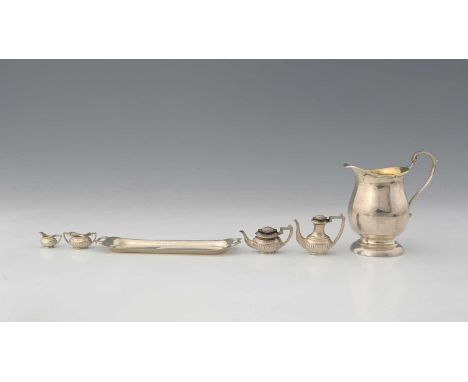 An Elizabeth II silver miniature four-piece tea service with tray, John Rose, Birmingham 1973, height of coffee pot 3.7cm, to