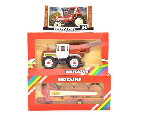 Britains farm models, three including ref. 9528 Fiat Trattori; ref. 9597 Mercedes-Benz detatchable tractor; ref. 9534 Krone B