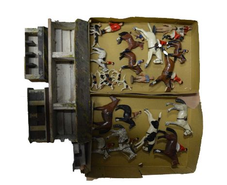 Wooden hunting figures and farm buildings