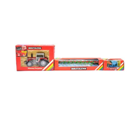 Britains farm models, three including ref.9520 Massey Ferguson tractor MF 2680; ref. 9541 potato planter; ref. 9554 8 furrow 