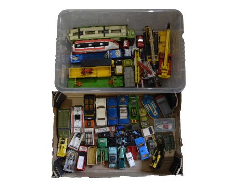 Two trays of loose die-cast model vehicles, including  Dinky ref. 353 Shado2, missing missile; ref. 486 'Dinky Beats' Morris 