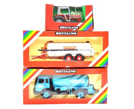 Britains farm models, three including ref. 9529 Massey Ferguson tractor; ref. 9563 vacuum tanker; ref. 9604 milk transporter,