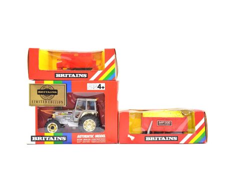 Britains farm models, three including ref. 9537 Vicon towed vari-spreader, ref. 9572 MF trailer, ref. 5892 limited edition Br