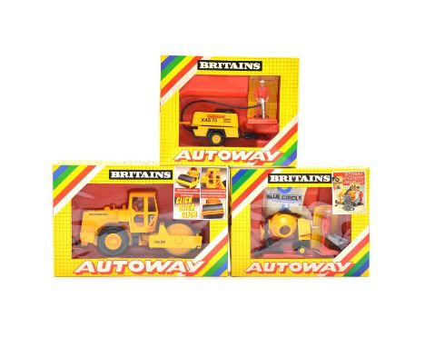 Britains Autoways models, three including ref. 9818 road roller; ref. 9840 compressor, ref. 9843 winget cement mixer, all box