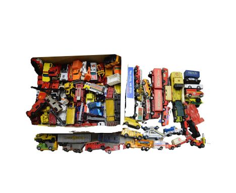 One hundred and three die-cast model vehicles, including Corgi, Welly, Matchbox, and others, play-wornQty: 103