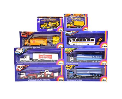 Siku die-cast models, eight including ref. 3716 MAN lorry with trailer and bulldozer; ref. 3116 Volvo semi-truck; ref. 3416 V