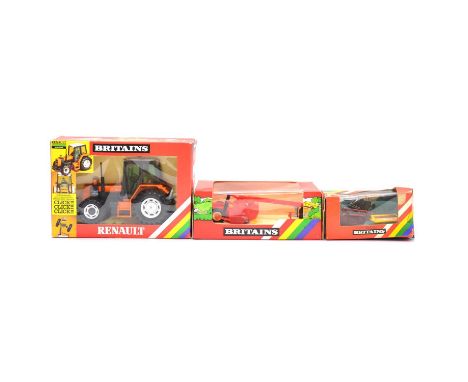 Britains farm models, three including ref. 9518 Renault tractor; ref. 9531 Vicon grass mower; ref. 9544 disc mower, all boxed