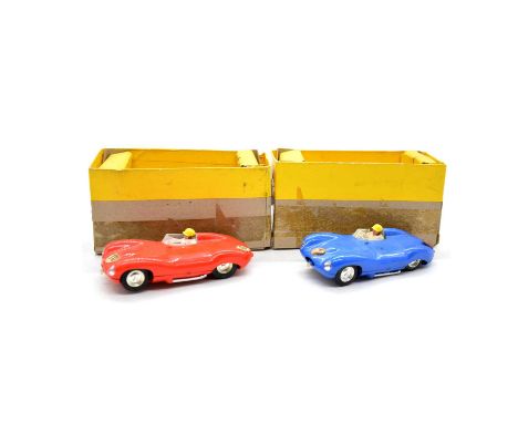 Triang Scalextric slot cars, two ref. MM/C60 Jaguar D type, blue and red bodys with '7' and '10' decals, in boxes, missing li